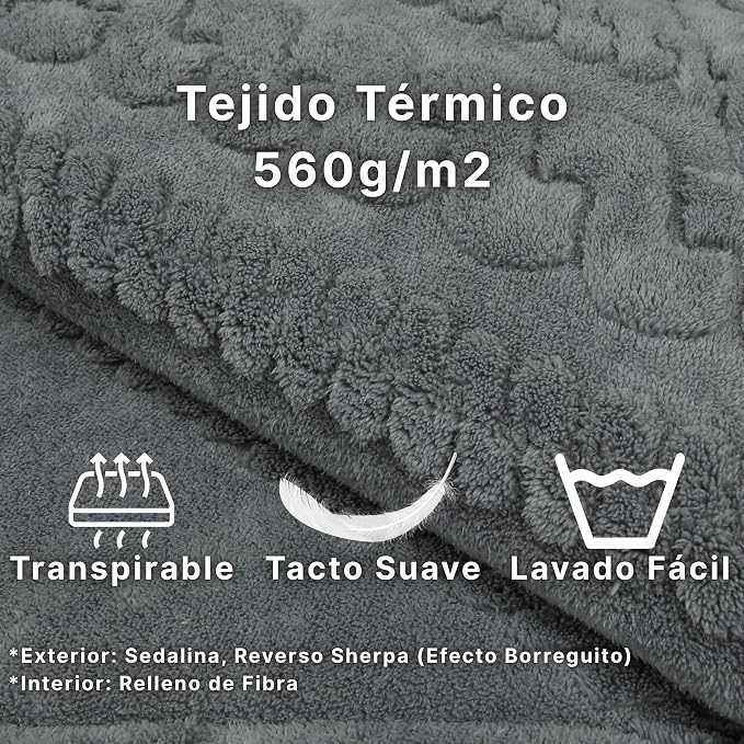 Detalle del tejido térmico de 560 g/m², transpirable y suave, con reverso sherpa